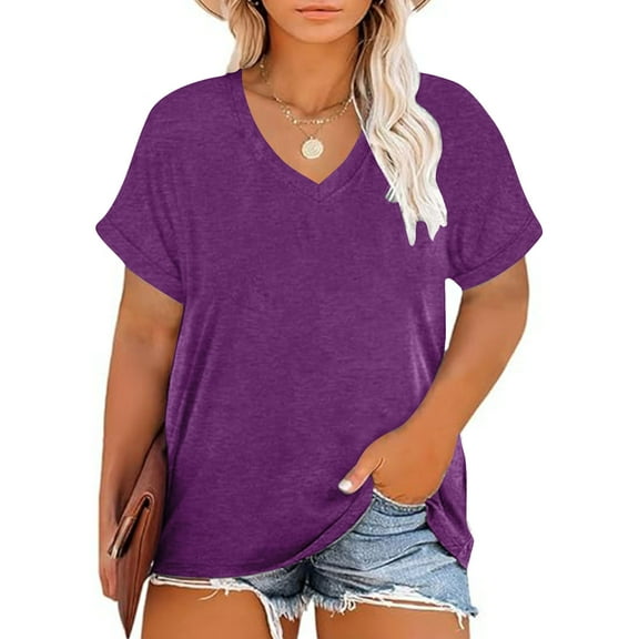 NTACZA V Neck Shirts for Women Purple Short Sleeve Cotton Plus Size Solid T-Shirts Ladies Shirts 3x