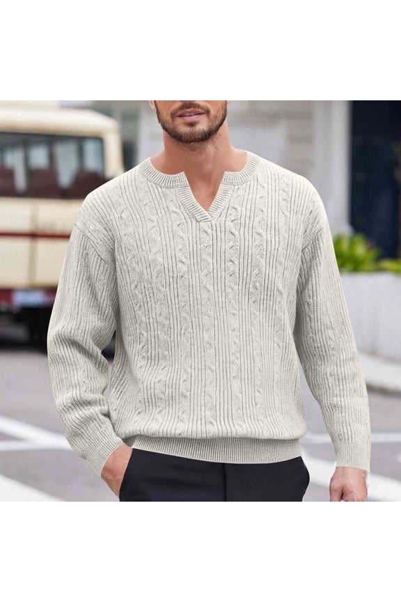 V Neck Sweater for Man Loose Fitting Cable Knit Beige Sweaters Long Sleeve Stretch Solid Pullover Men's Jumper L