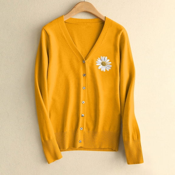 NTACZA V Neck Woman Sweater Floral Yellow Button Down Cardigan Sweater Loose Lightweight Cozy Sweater Coat Jumper Women L