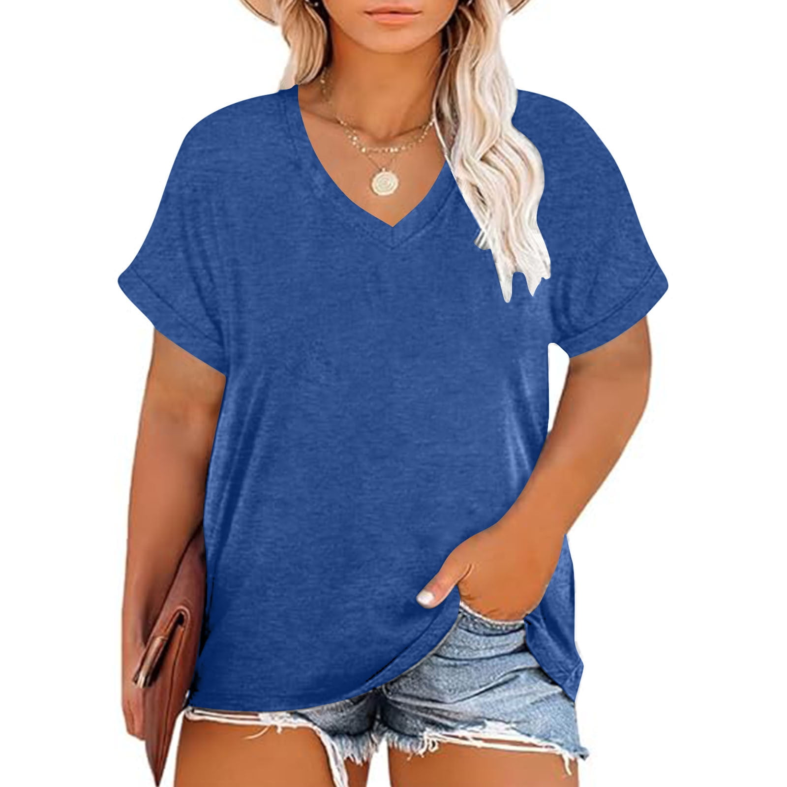 NTACZA V Neck Women Blouses Plus Short Sleeve Plus Size Blue Cotton ...