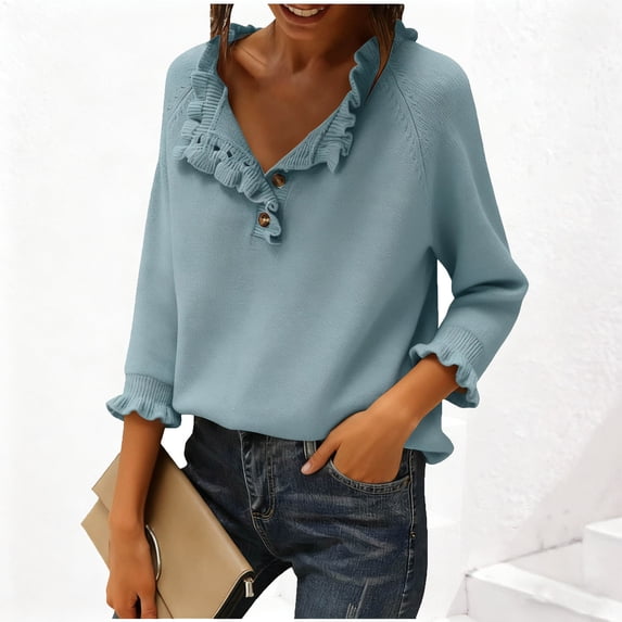 NTACZA V Neck Women Sweater 3/4 Sleeve Blue Lapel Sweater Blouse Pullover Long Sleeve Ruffle Knit Tops Womens Jumpers L