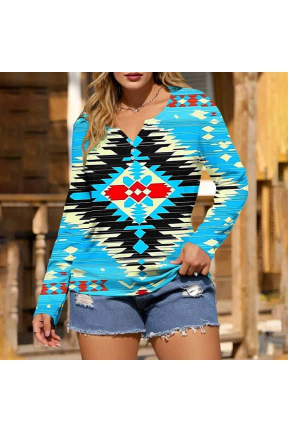 V Neck Women Tops Aztec Vintage T Shirt Long Sleeve Country Western Womens Shirts Casual L