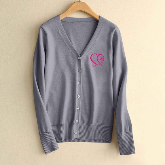 NTACZA V Neck Womens Sweaters Valentine's Day Gray Button Down Cardigan Sweater Love Heart Heart Print Womens Jumpers M