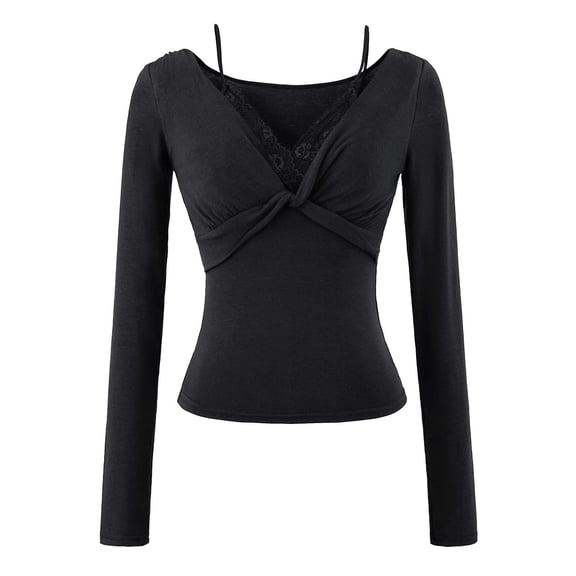 NTACZA V Neck Womens Tops Casual Cotton Slim Fit Black Undershirt Criss Cross Lace Patchwork Blouse Women Blouses M