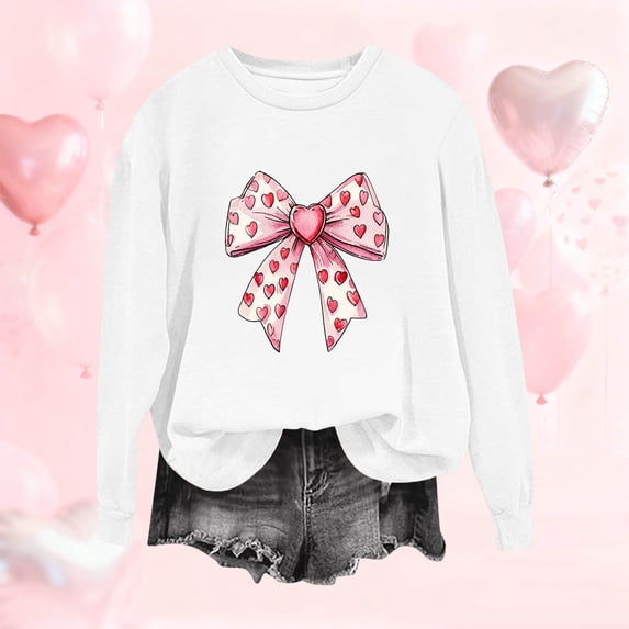 NTACZA Valentine's Day Ladies Tops Cute Long Sleeve White Sweatshirt Bow Print Plus Size Funny Womens Shirt 2X