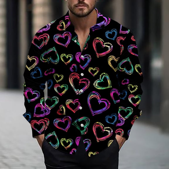 NTACZA Valentine's Day Mens Long Sleeve Shirt Button Down Red Shirts Regular Fit Collared Holiday Tshirt for Men L