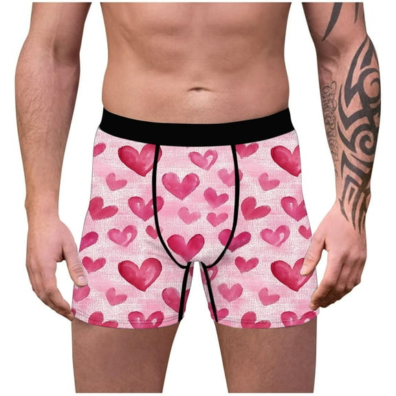 NTACZA Valentine's Day Underwear for Men Pink Love Heart Print No Fly Boxer Briefs Novelty Soft Underpants for Men L