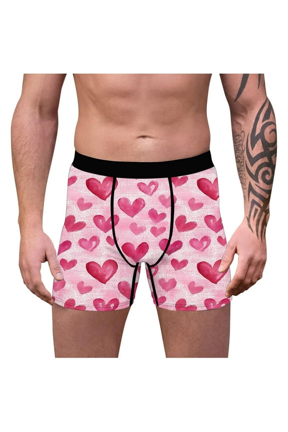 Valentine's Day Underwear for Men Pink Love Heart Print No Fly Boxer Briefs Novelty Soft Underpants for Men L