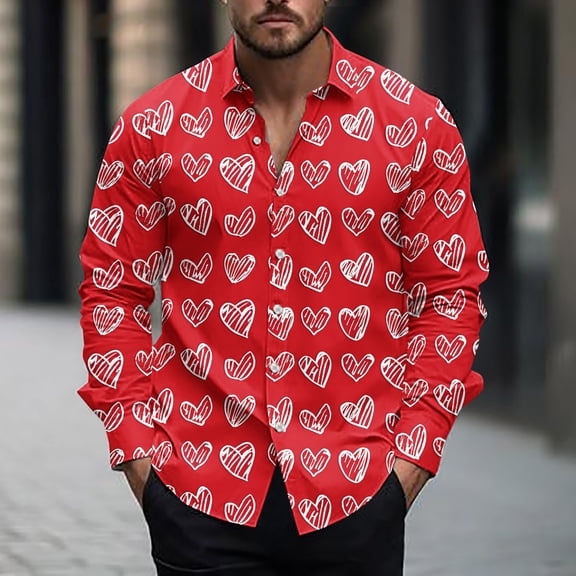 NTACZA Valentines Day Mens Shirts Casual Graphic Button Down Red Shirts Heart Print Long Sleeve Loose Tee Shirts Mens M