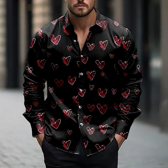 NTACZA Valentines Men Shirts Long Sleeve Black Graphic Button Down Shirt Collared Holiday Heart Print T Shirts for Man L