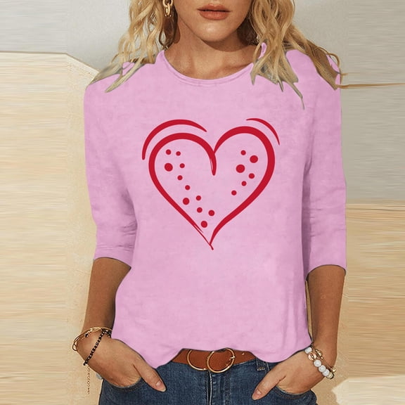 NTACZA Valentines Womens Fall Tops Pink Crewneck 3/4 Sleeve T Shirt Cute Pullover Loose Fit Blouse for Women S