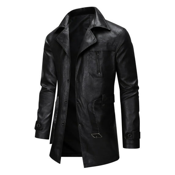 NTACZA Vintage Mens Jackets Black Motorcycle Faux Leather Jacket Bicycle Mid Length Button Down Coats Men Coats L