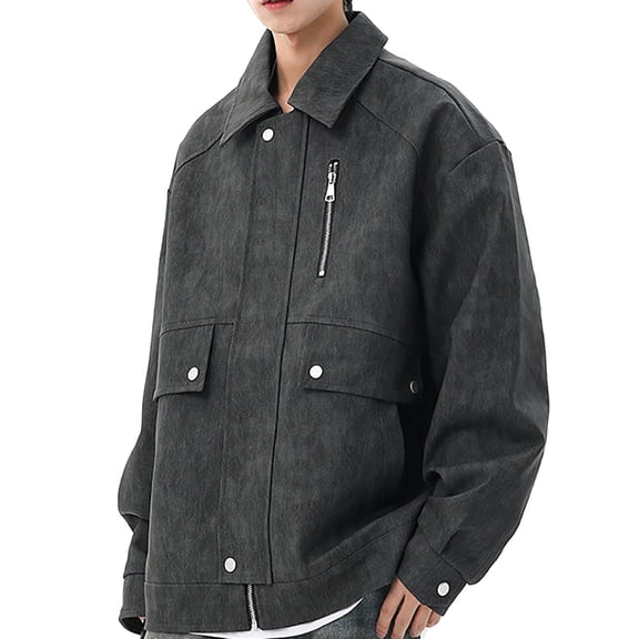 NTACZA Vintage Winter Jackets for Men Gray Motorcycle Faux Leather Jacket Zip Up Pu Lapel Coats Men's Coats Winter L