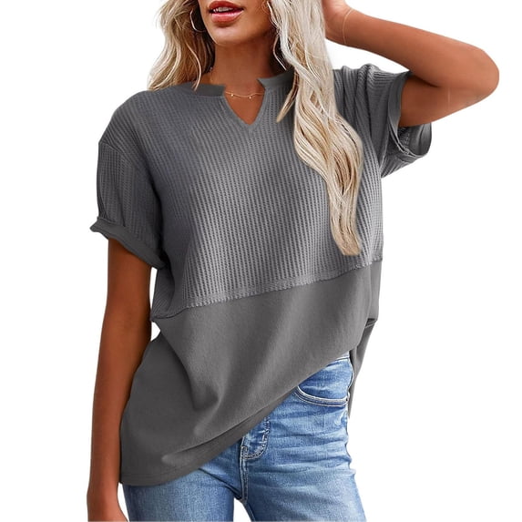 NTACZA Waffle Tops for Women 2026 Short Sleeve V Neck T-Shirt Patchwork Loose Fitting Shirts for Women M