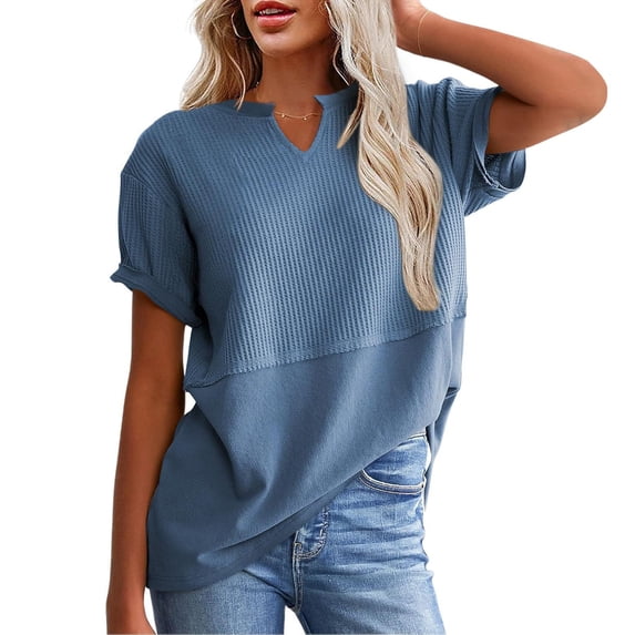 NTACZA Waffle Tops for Women Trendy Short Sleeve V Neck T-Shirt Patchwork Loose Fitting Shirts for Women S
