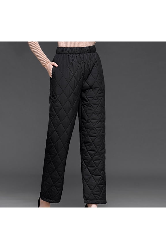 Warm Fall Pants Women Black Thick High Rise Puffer Pants Elastic Waist Thermal Snowwear Womens Trousers L