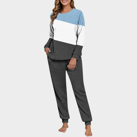 NTACZA Warm Pj Sets for Womens Fleece Long Sleeve Pajama Set Shirt Jogger Color Block Soft Women's Lounge Sets S