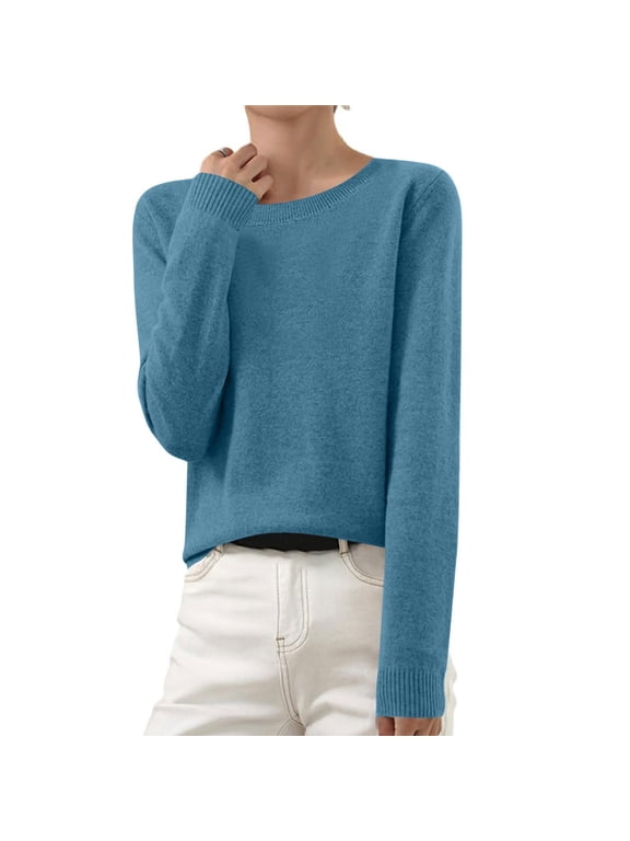 Warm Sweater for Women Crewneck Comfort Knit Shirts Fall Winter Loose Daily Casual Sweater Basic Blue
