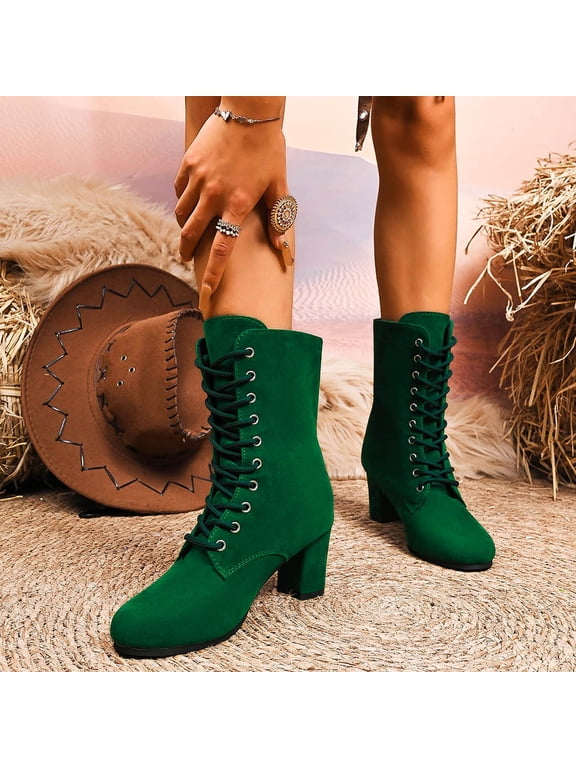 Western Women Boots Green Chelsea Mid-Calf Lace up Dress High Heel Shoes Ladies Shoes 41