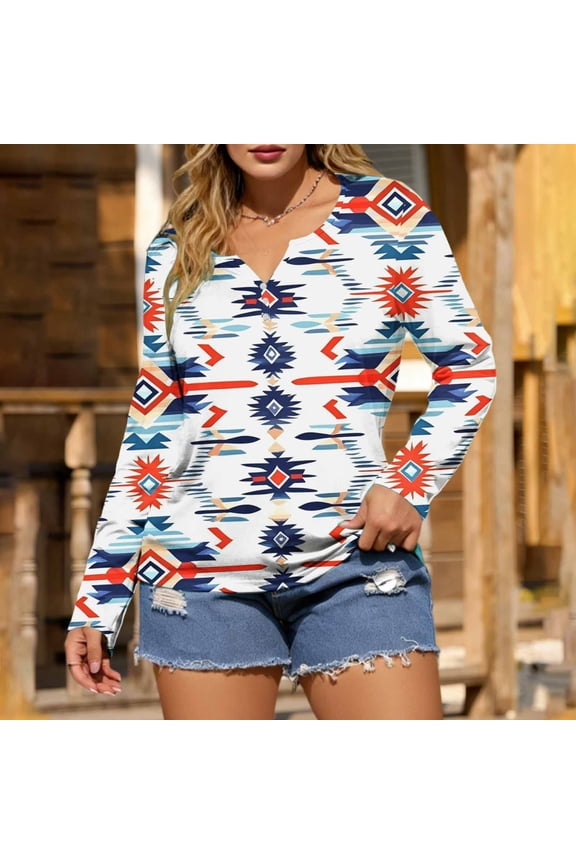 Western Womens Tops Summer Aztec V Neck T-Shirt Long Sleeve Cowgirl Button Women Shirt XXL