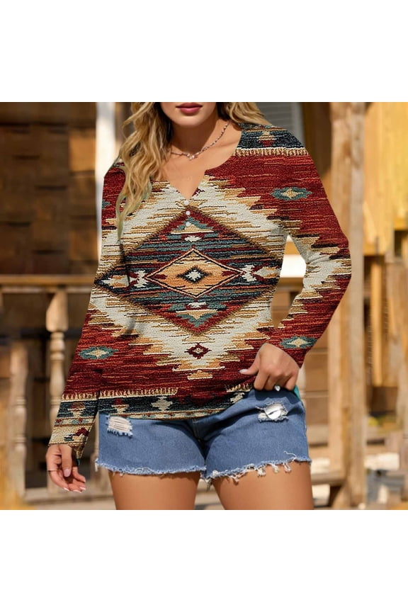 Western Womens Tops Summer V Neck Aztec T Shirt Long Sleeve Cowgirl Boho Women's Shirts L