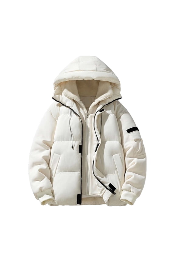 White Men Jacket with Hood Heavyweight Zip up Puffer Jacket Patchwork Thick Fleece Puffy Coats Coats for Man L