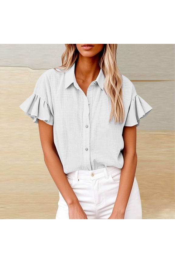 White Womens Tees Cotton & Linen Short Sleeve Flutter Solid Button-Up Shirts Shirts for Ladies M