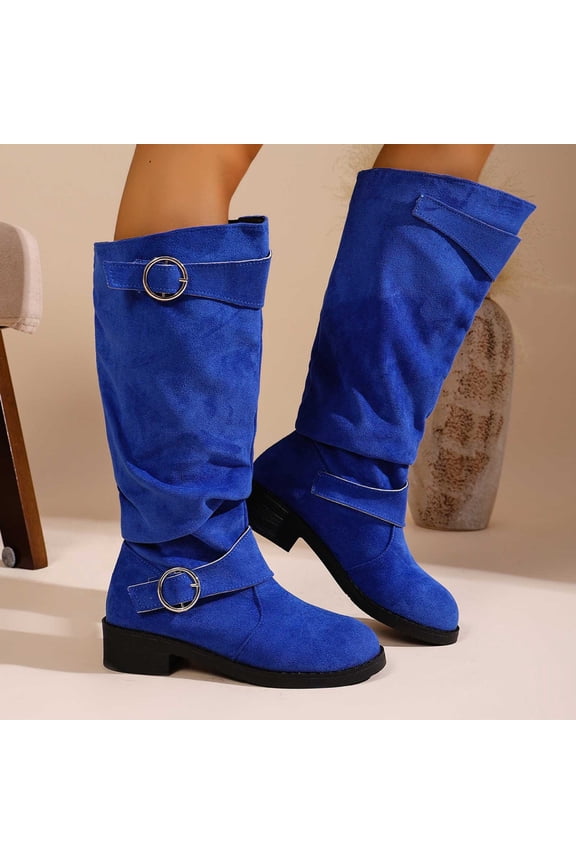 Wide Calf Boots for Women Slouch Knee-High Blue Buckle Low Heel Pull-on Dress Shoes Ladies Shoes 43