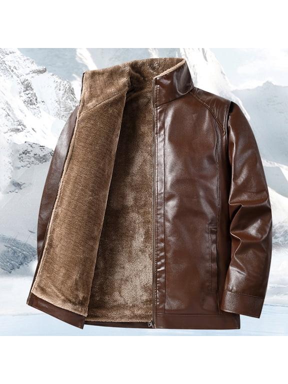 Winter Men Jackets Faux Leather Brown Fleece Motorcycle Jacket Vintage Zip Up Stand Collar Coat Fall Mens Coats XXL