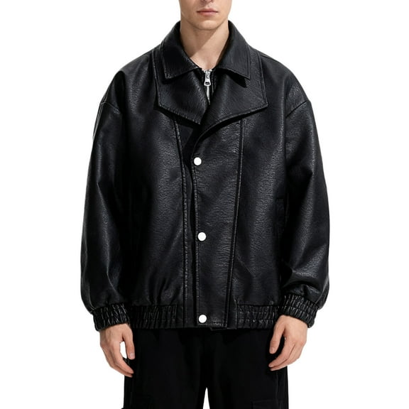 NTACZA Winter Men Jackets Faux Leather Vintage Black Motorcycle Jacket Bicycle Full Zip Pu Outerwear Men's Winter Coats M