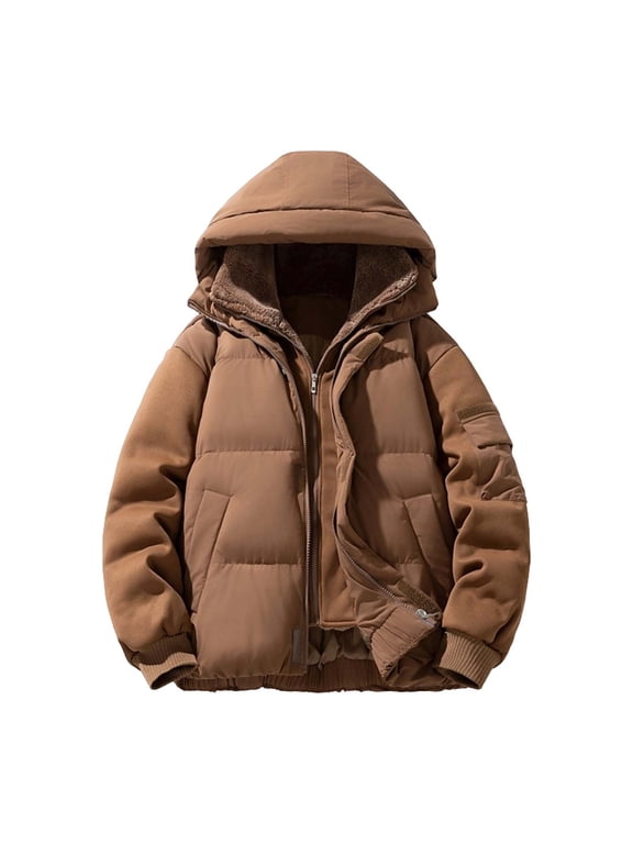 Winter Men Jackets Heavyweight Zip up Hooded Brown Puffer Jacket Fleece Thick Patchwork Puffy Coats Coats for Men M