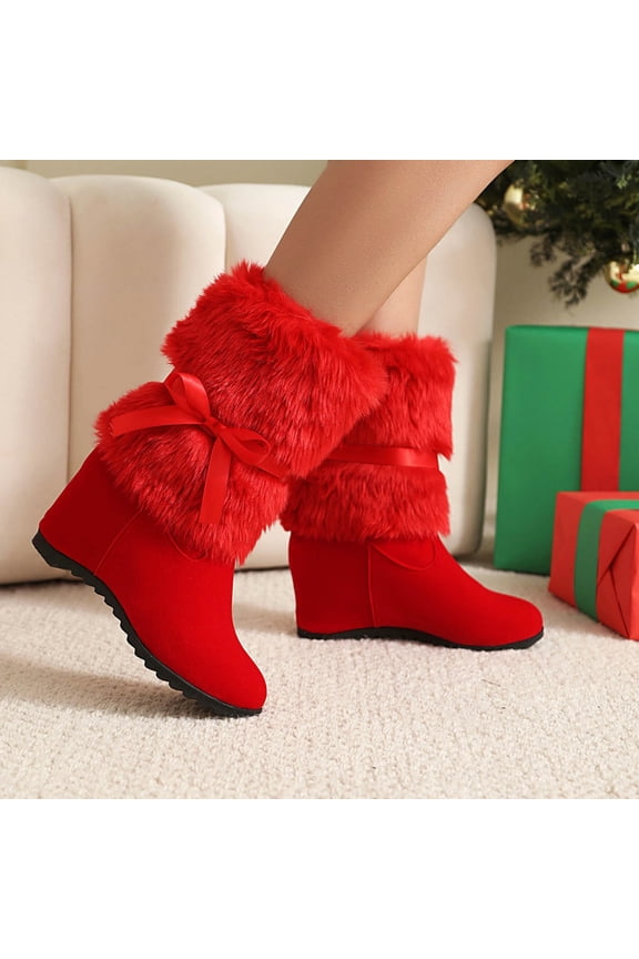 Women Boots Ankle Furry Red Christmas Winter Cute Fleece Boots Womans Shoes 36