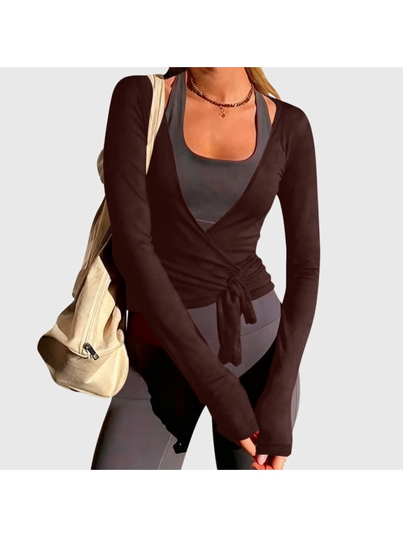 Women Cardigan Ballet Cardigans Tie Front Crop Cover-Up Dance Top Wrap-Neckline Comfy Fitted Gym Coffee