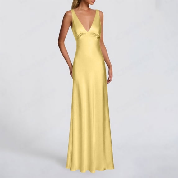 NTACZA Women Dresses Sleeveless Long Flowy Wedding Guest Dresses Deep V-Neck Dressy Yellow XXL
