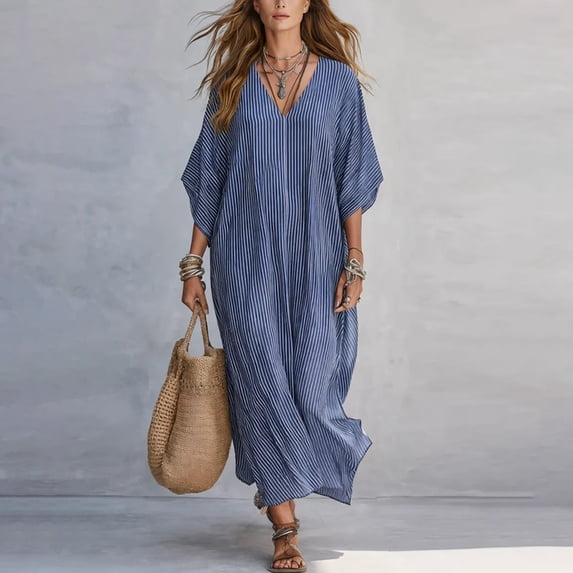 NTACZA Women'S Dresses Casual Striped Maxi V-Neck 3/4 Sleeve Loose Beach Size L