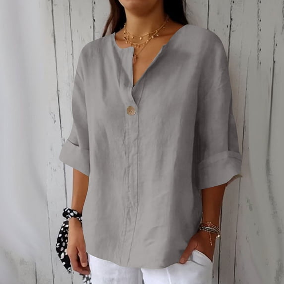 NTACZA Women Shirts Under 5 3/4 Sleeve V-Neck Gray Cotton Linen Solid Blouses Shirts for Teens S