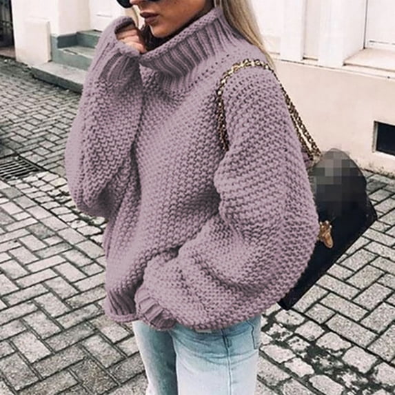 NTACZA Women Sweater Breathable Chunky Knit Mock Neck Warm Sweaters Casual Office Fall Winter Oversized Sweater Purple