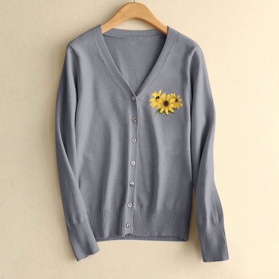 NTACZA Women Sweaters Plus Size Gray V Neck Flower Print Sweater Cardigan Cozy Button Up Sweater Coat Women Jumper S