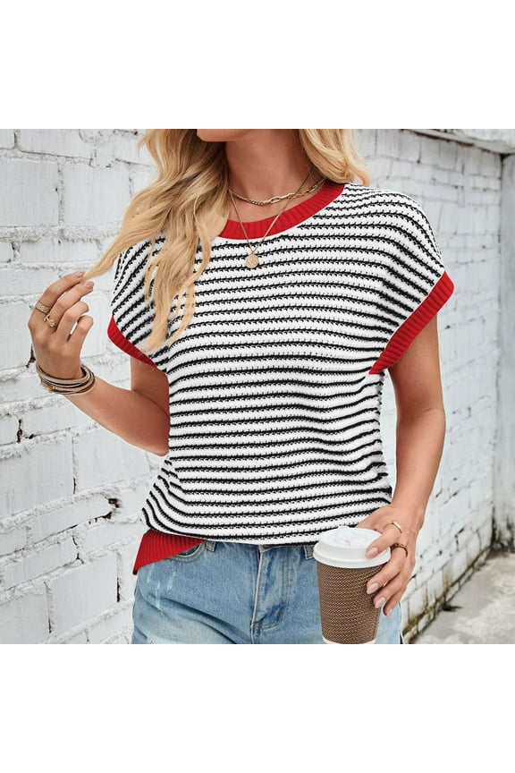 Women Top Knitted Cotton Short Sleeve Black Striped Pullover Crew Neck Batwing Tank Sweater Womens Tees