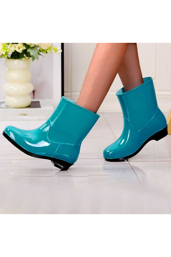 Women's Boots Rain Blue Mid-Calf Slip on Waterproof Low Heel Wide Widths Rainboots Ladies Shoes 38