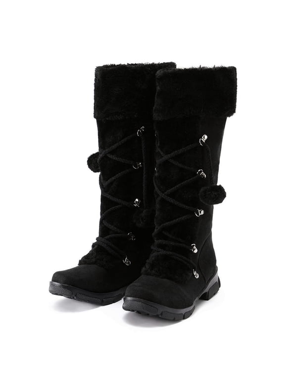 Women's Boots Winter Furry Black Mid-Calf Warm Lace-up Wide Toe Boots Women's Shoes 38