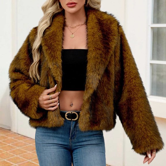 NTACZA Women's Cardigans Yellow Open Front Fuzzy Cropped Long Sleeve Thick Lapel Collar Cardigan Jacket for Women S