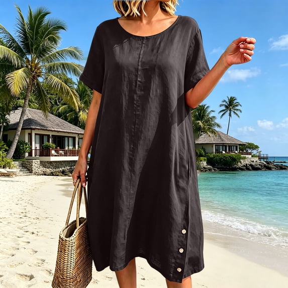NTACZA Women's Dresses Midi Cotton Lien Short Sleeve Side Button Round Neck Shift Loose Casual with Pockets Solid Vacation Beach Black L