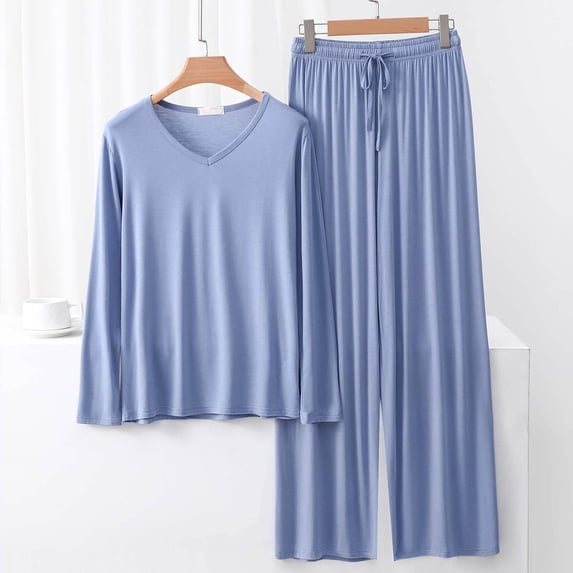 NTACZA Women's Pajamas V-Neck Shirt and Wide Leg Pants Modal Sleepwear Sets Soft 2 Piece Loungewear Loose Stretchy Solid Nightwear Blue 2XL