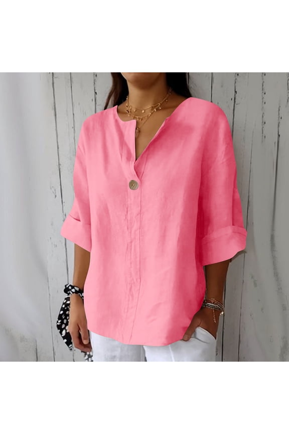 Women's Shirts Casual Under 10 3/4 Sleeve Cotton Linen Pink V-Neck Solid Blouses Women's Blouse for Teens 2x