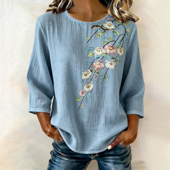 NTACZA Women’s Summer Tops Floral Cotton And Linen Crew Neck Blouses 3/4 Sleeve Relaxed Fit Shirts for Women Dressy Casual