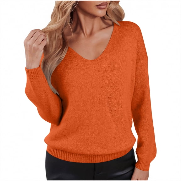 NTACZA Women's Sweaters Orange Loose Fitting V Neck Plus Size Sweater Cozy Pullover Knit Tops Ladies Winter Jumpers S