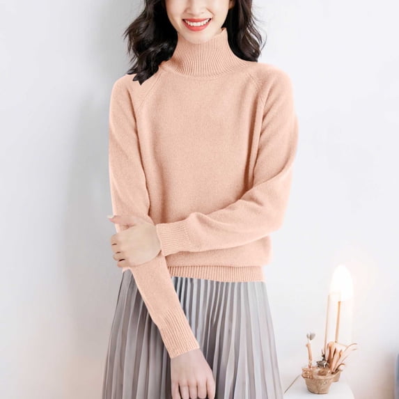 NTACZA Women's Sweaters Pink Loose Fitting Turtleneck Basic Sweaters Raglan Sleeve Pullover Knit Shirt Womens Jumper M