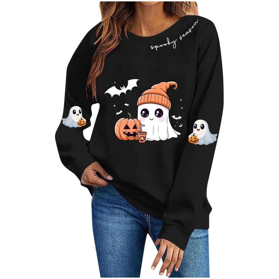 NTACZA Women's Sweatshirt Cute Ghost Graphic Print Halloween Crewneck Daily Outfits Pullover Tops Trendy Sweatshirts Black M