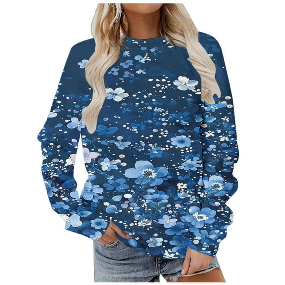 NTACZA Women's Sweatshirt Tops Blue Long Sleeve Crew Neck Floral Print Sweatshirts Hoodies for Women L